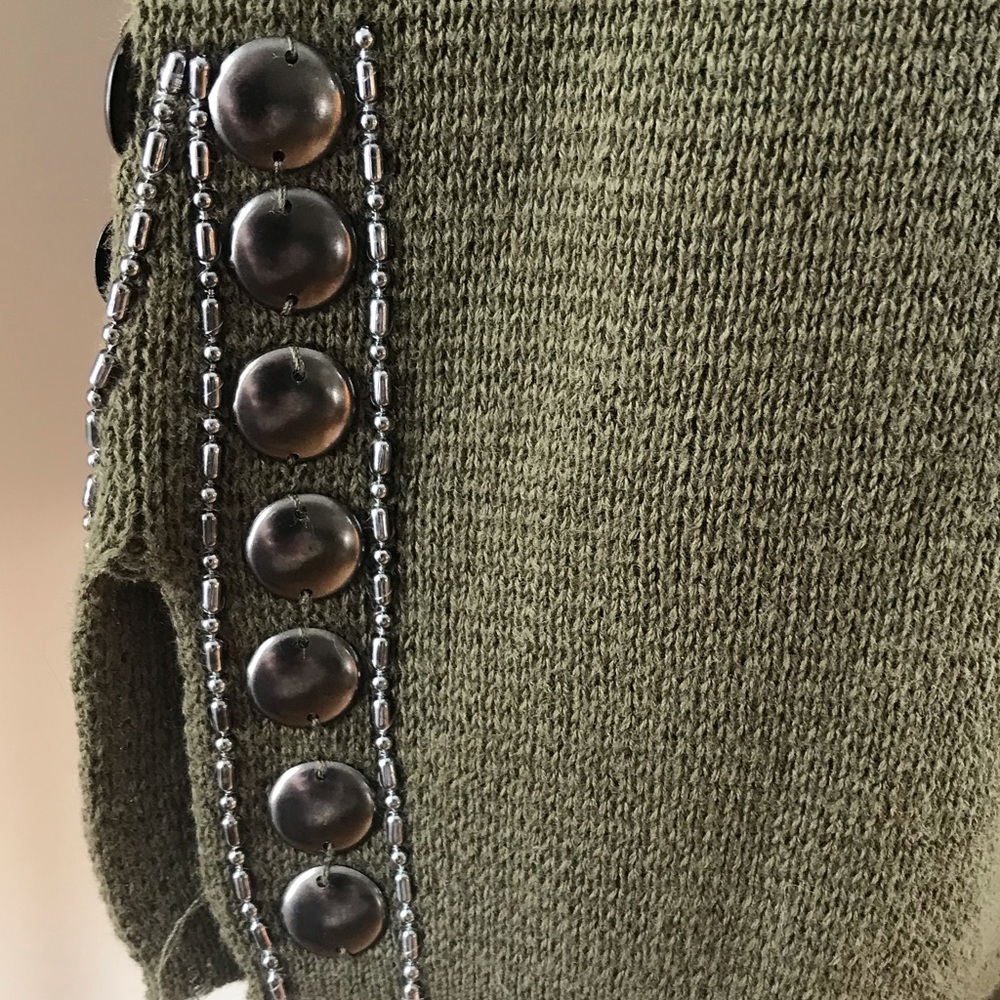 CHICO’S PETITE L 100% COTTON MILITARY STYLE EMBELLISHED CARDIGAN AMBERED OLIVE - Picture 4 of 9